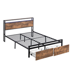 Bellemave Metal Platform Bed with Storage Headboard and 2 Drawers, LED Lights with Charging Station