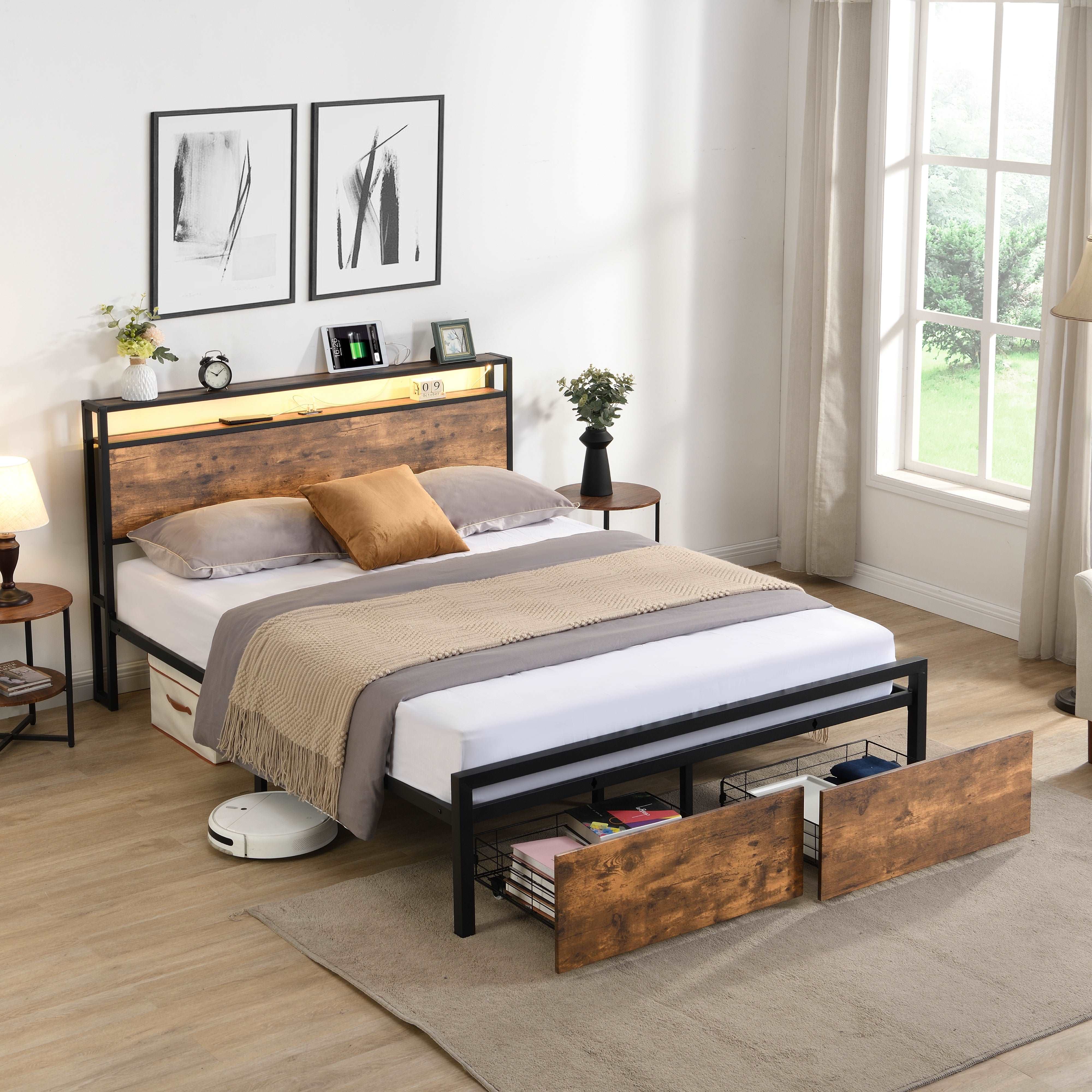Bellemave Metal Platform Bed with Storage Headboard and 2 Drawers, LED Lights with Charging Station