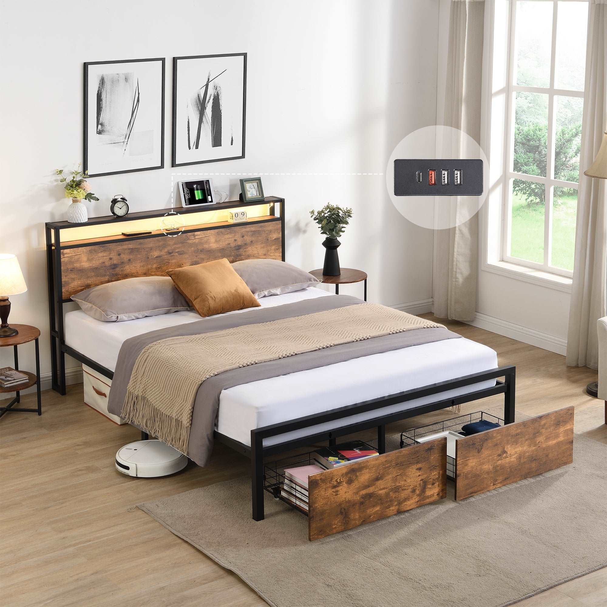Bellemave Metal Platform Bed with Storage Headboard and 2 Drawers, LED Lights with Charging Station
