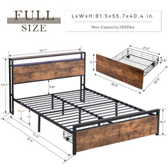 Bellemave Metal Platform Bed with Storage Headboard and 2 Drawers, LED Lights with Charging Station