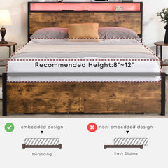 Bellemave Metal Platform Bed with Storage Headboard and 2 Drawers, LED Lights with Charging Station