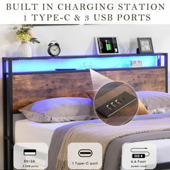 Bellemave Metal Platform Bed with Storage Headboard and 2 Drawers, LED Lights with Charging Station