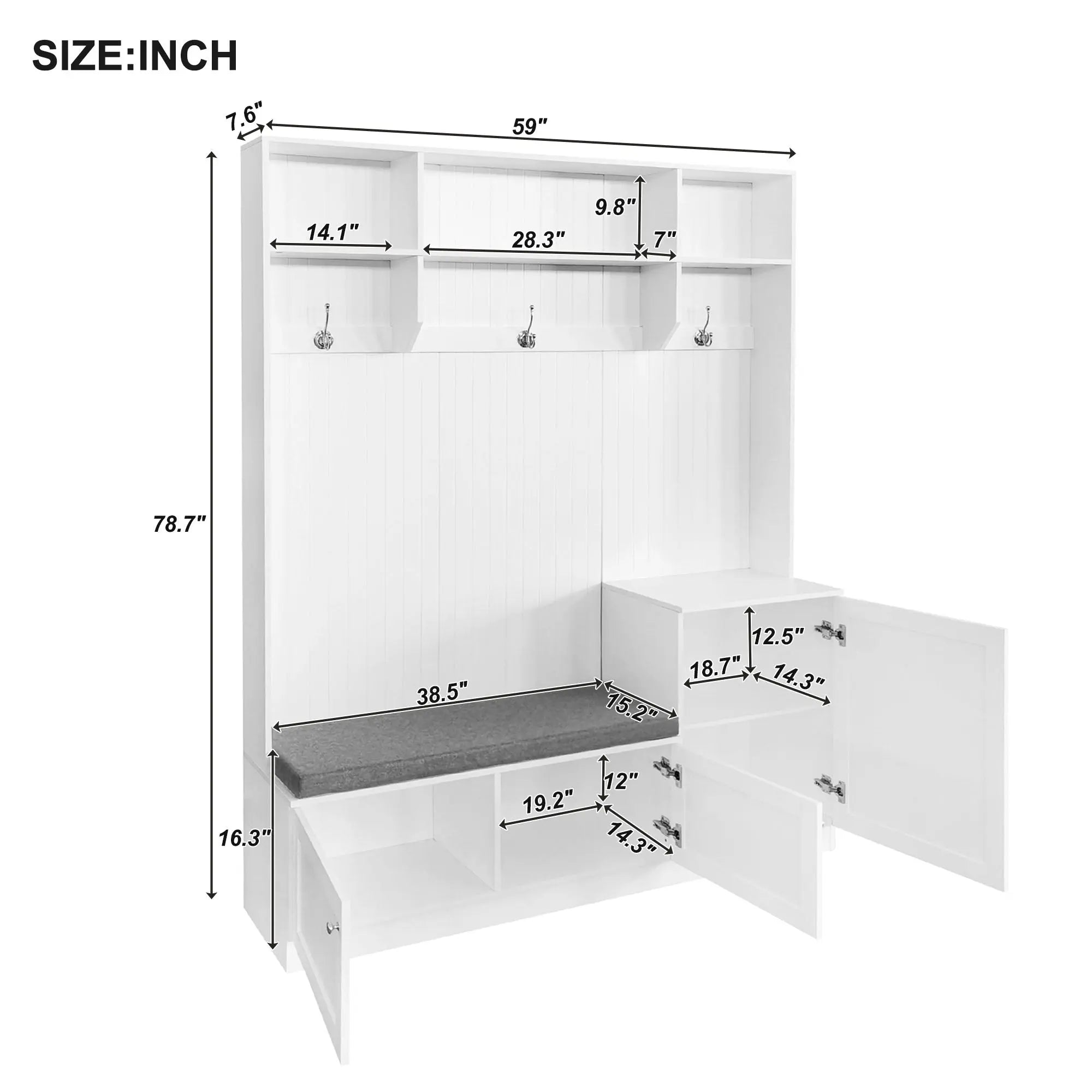 Bellemave 59" Elegant Design Hall Tree,Functional Hallway Shoe Cabinet with Bench&Cushion Bellemave