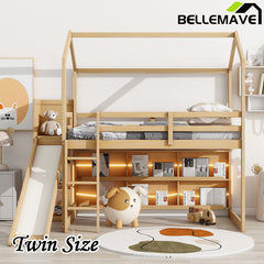 Bellemave® Twin Size Wood House Loft Bed with Slide, Storage Shelves and Light