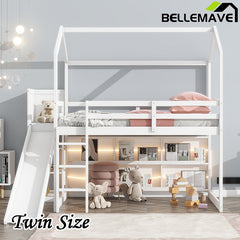 Bellemave® Twin Size Wood House Loft Bed with Slide, Storage Shelves and Light