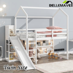 Bellemave® Twin Size Wood House Loft Bed with Slide, Storage Shelves and Light