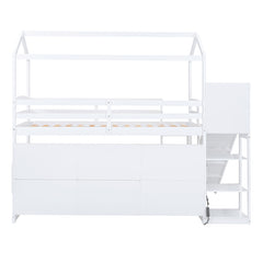 Bellemave® Twin Size Wood House Loft Bed with Slide, Storage Shelves and Light