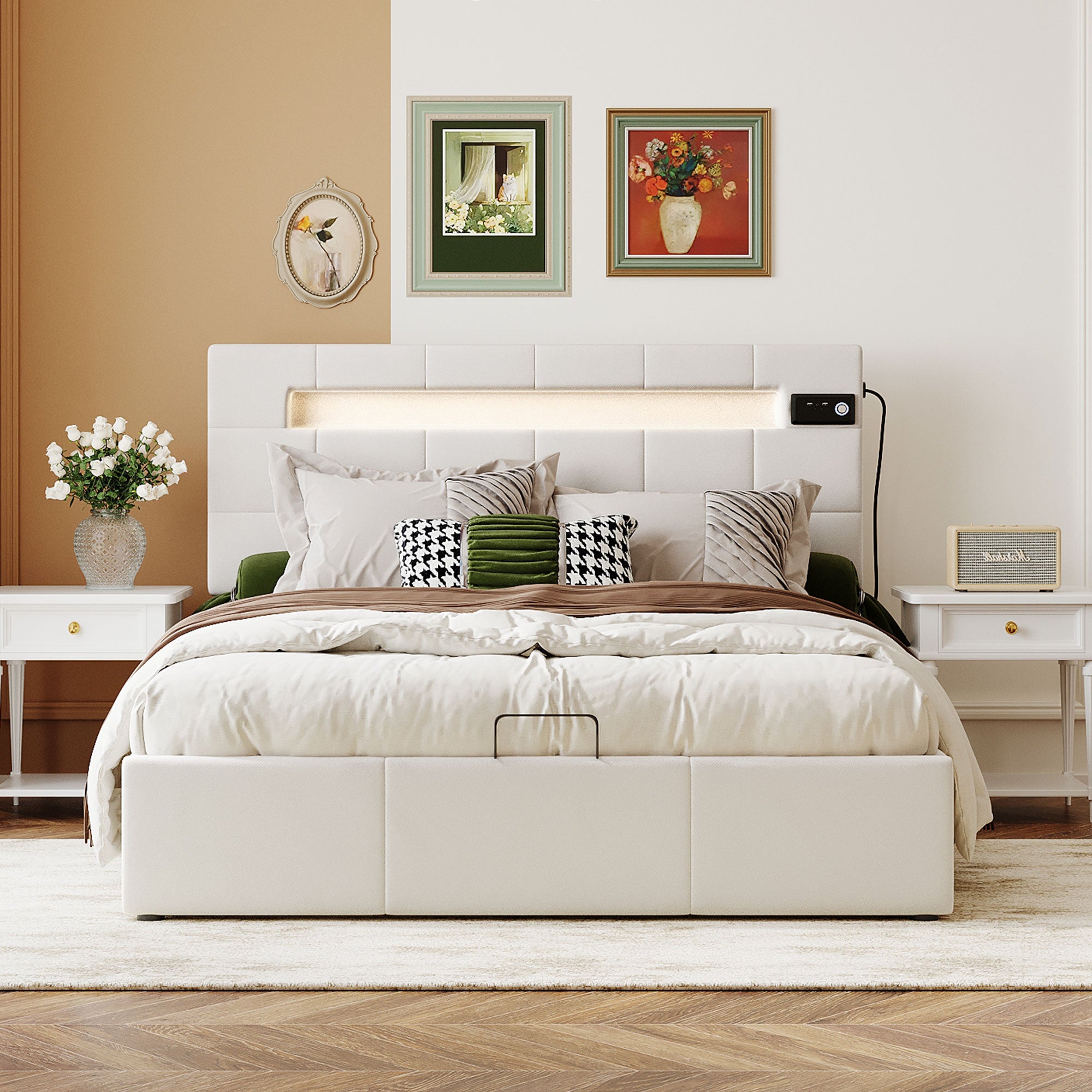 Bellemave® Velvet Upholstered Bed with LED Light and Integrated Bluetooth Audio System, Hydraulic Storage System and USB Port Bellemave®