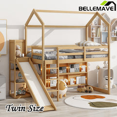 Bellemave® Twin Size Wood House Loft Bed with Slide, Storage Shelves and Light