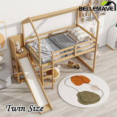 Bellemave® Twin Size Wood House Loft Bed with Slide, Storage Shelves and Light