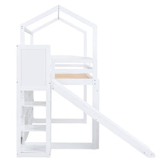 Bellemave® Twin Size Wood House Loft Bed with Slide, Storage Shelves and Light