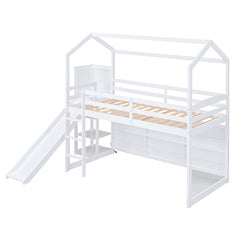 Bellemave® Twin Size Wood House Loft Bed with Slide, Storage Shelves and Light