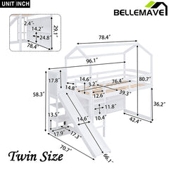 Bellemave® Twin Size Wood House Loft Bed with Slide, Storage Shelves and Light