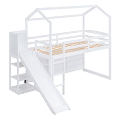 Bellemave® Twin Size Wood House Loft Bed with Slide, Storage Shelves and Light