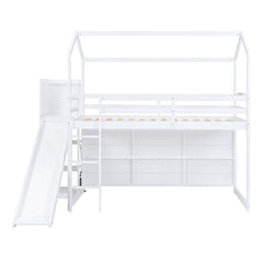 Bellemave® Twin Size Wood House Loft Bed with Slide, Storage Shelves and Light