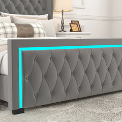 Bellemave® Velvet Upholstered Platform Bed with LED Light High Headboard, with Deep Tufted Buttons Bellemave®