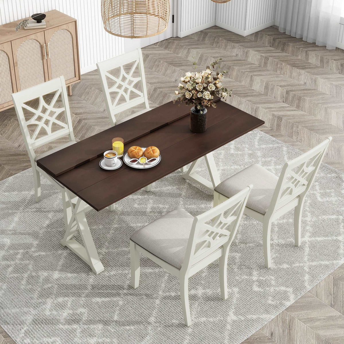 Bellemave 5-Piece 62" Extendable Rubber Wood Dining Table Set with X-shape Legs