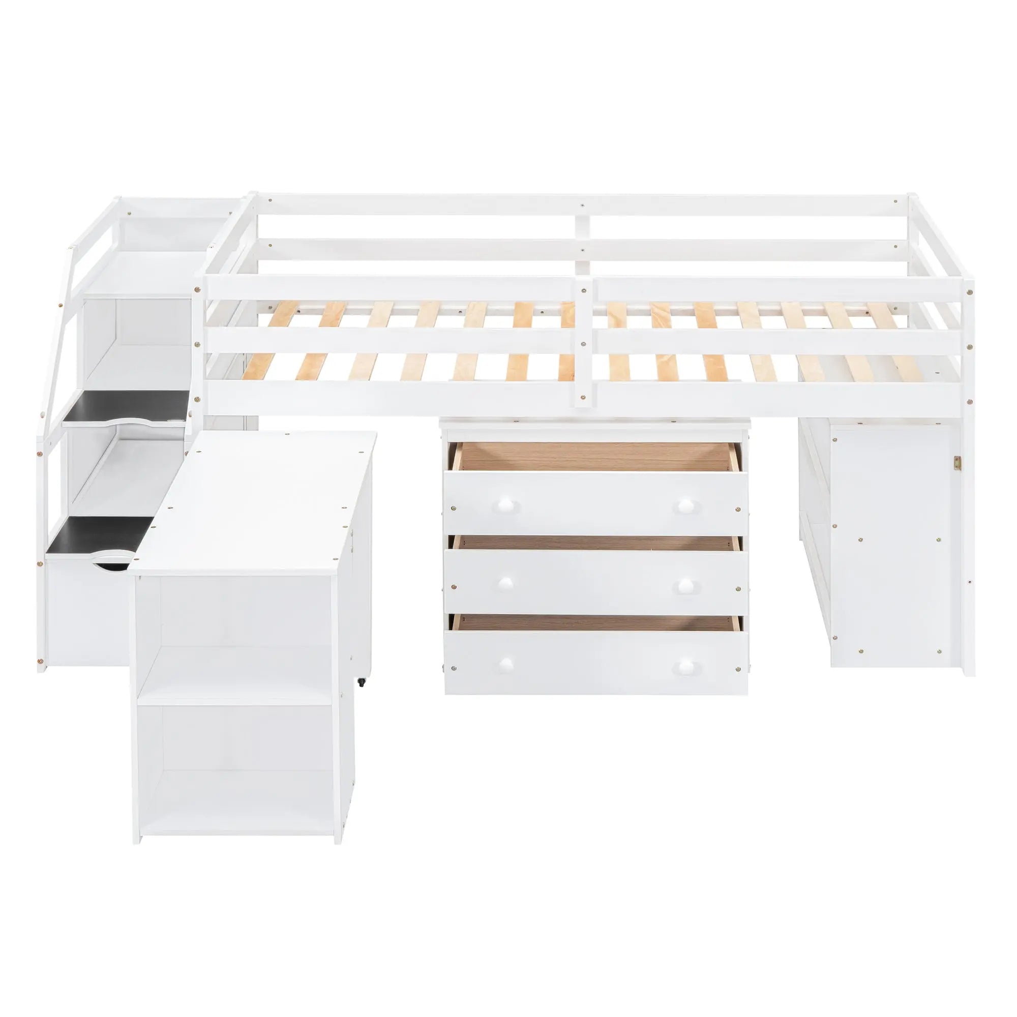 Bellemave® Loft Bed with Retractable Writing Desk and 3 Drawers, Storage Stairs and Shelves Bellemave®