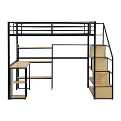 Bellemave® Full Size Metal Loft Bed with Staircase, Built-in Desk and Shelves