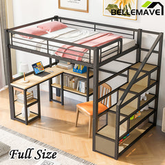 Bellemave® Full Size Metal Loft Bed with Staircase, Built-in Desk and Shelves