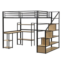 Bellemave® Full Size Metal Loft Bed with Staircase, Built-in Desk and Shelves