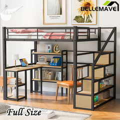 Bellemave® Full Size Metal Loft Bed with Staircase, Built-in Desk and Shelves