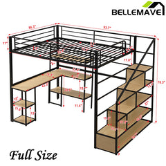 Bellemave® Full Size Metal Loft Bed with Staircase, Built-in Desk and Shelves