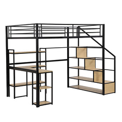 Bellemave® Full Size Metal Loft Bed with Staircase, Built-in Desk and Shelves