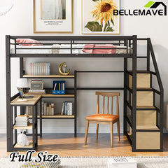 Bellemave® Full Size Metal Loft Bed with Staircase, Built-in Desk and Shelves