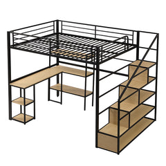 Bellemave® Full Size Metal Loft Bed with Staircase, Built-in Desk and Shelves