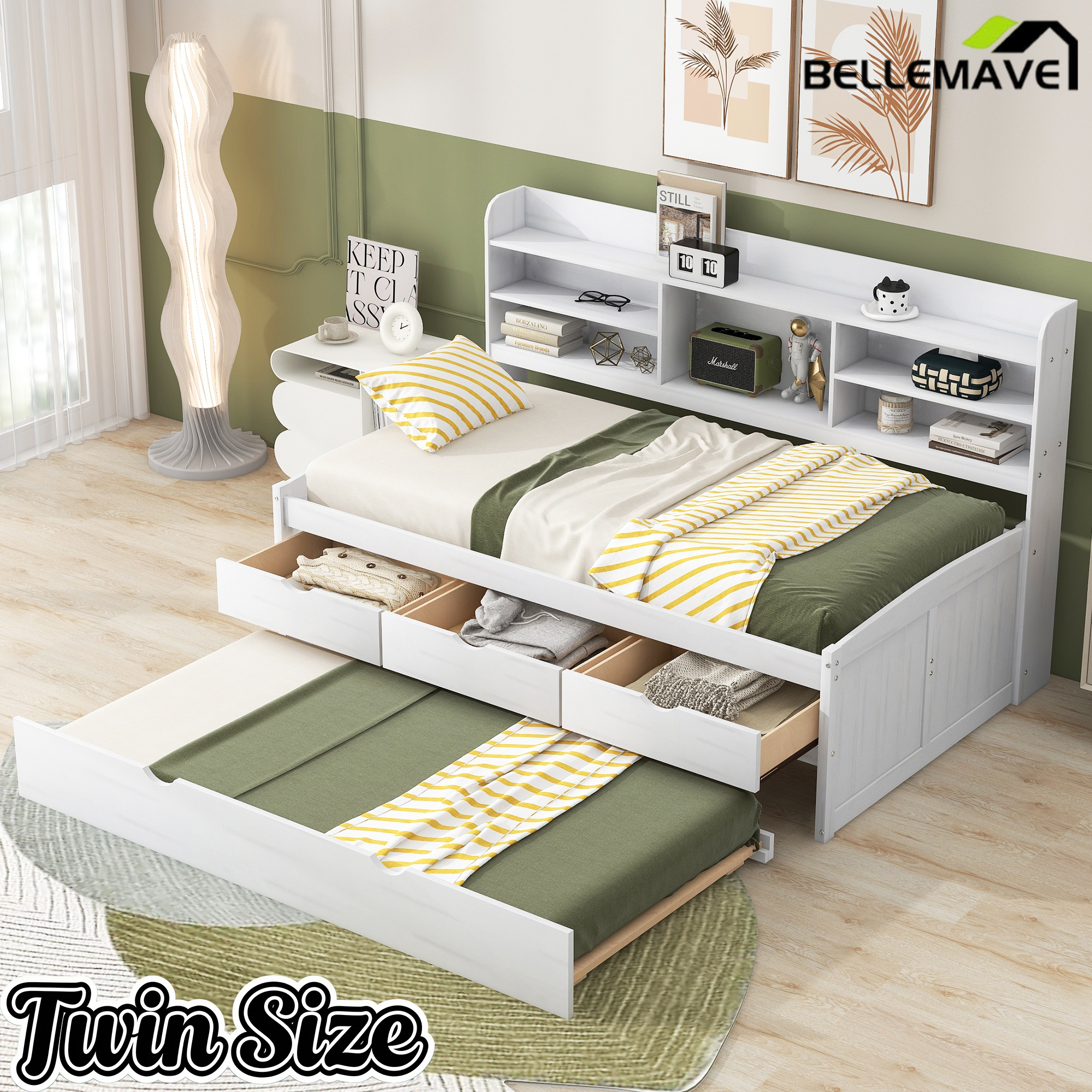 Bellemave Full Size Captain Bed, Full Beds with Trundle & Storage Drawers, Wood Daybed Frame with Bookcase Headboard & Slats Support for Kids Teens, Antique Brown Bellemave