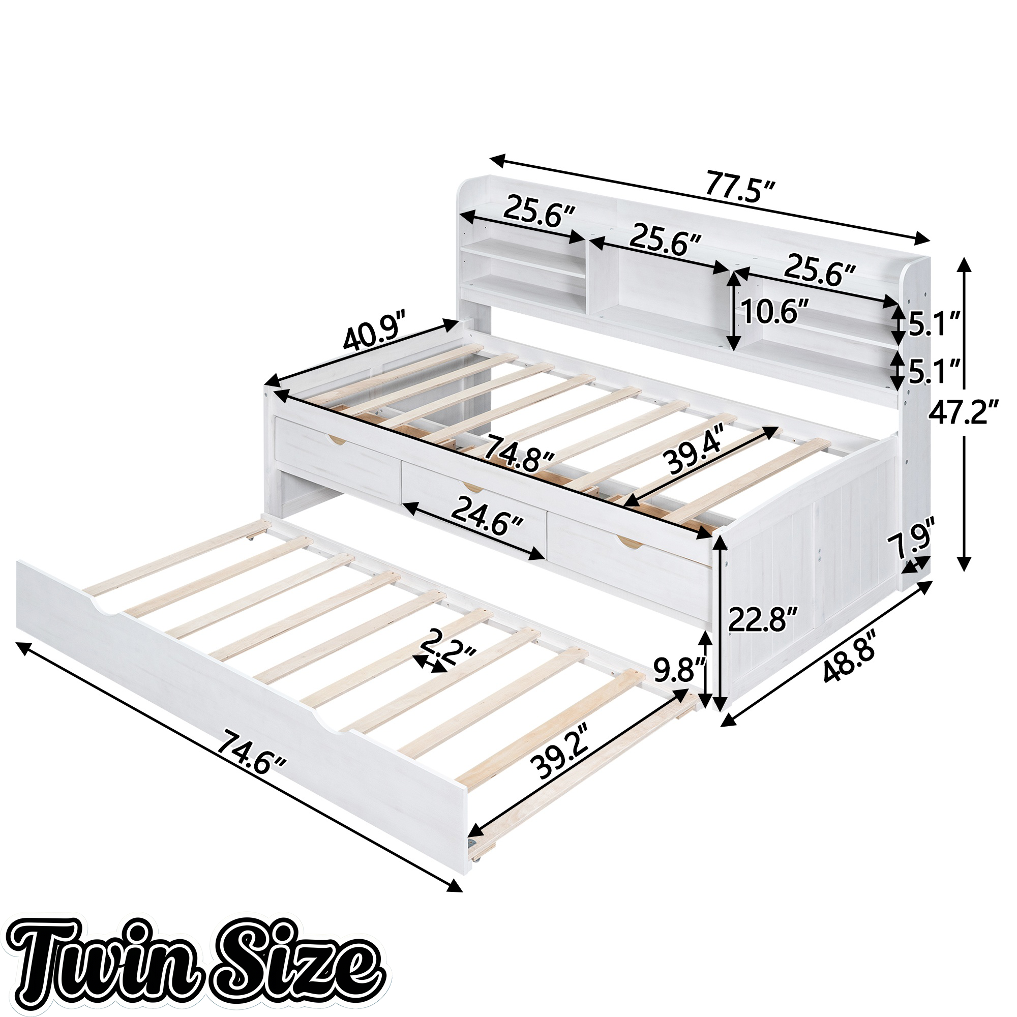 Bellemave Full Size Captain Bed, Full Beds with Trundle & Storage Drawers, Wood Daybed Frame with Bookcase Headboard & Slats Support for Kids Teens, Antique Brown Bellemave