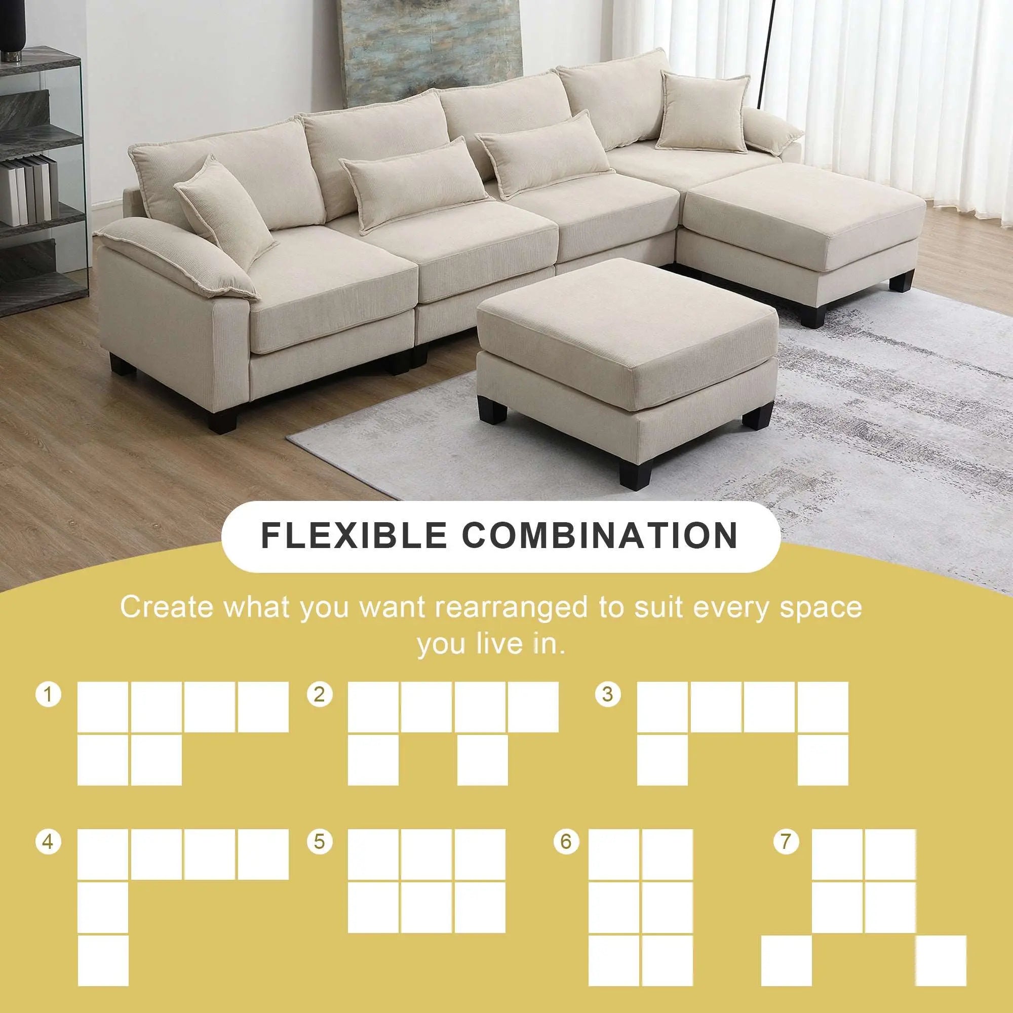 Bellemave 133" Corduroy Modular Sectional Sofa,U Shaped Couch with Armrest Bags,6 Seat Freely Combinable Sofa Bed