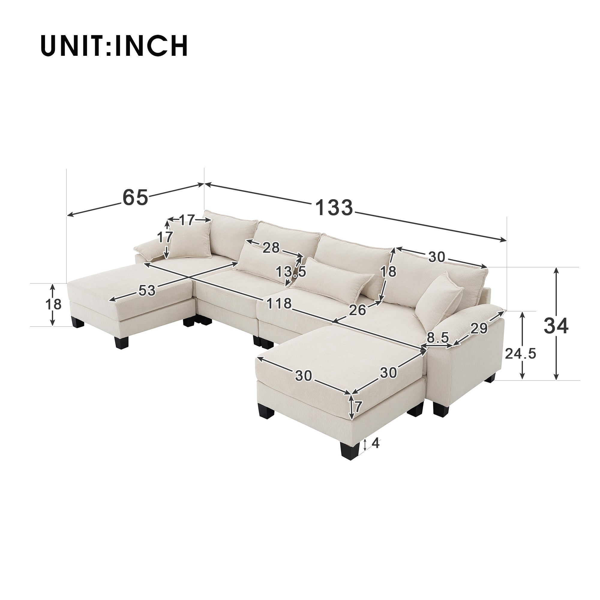 Bellemave 133" Corduroy Modular Sectional Sofa,U Shaped Couch with Armrest Bags,6 Seat Freely Combinable Sofa Bed