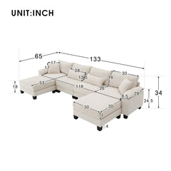 Bellemave 133" Corduroy Modular Sectional Sofa,U Shaped Couch with Armrest Bags,6 Seat Freely Combinable Sofa Bed Bellemave