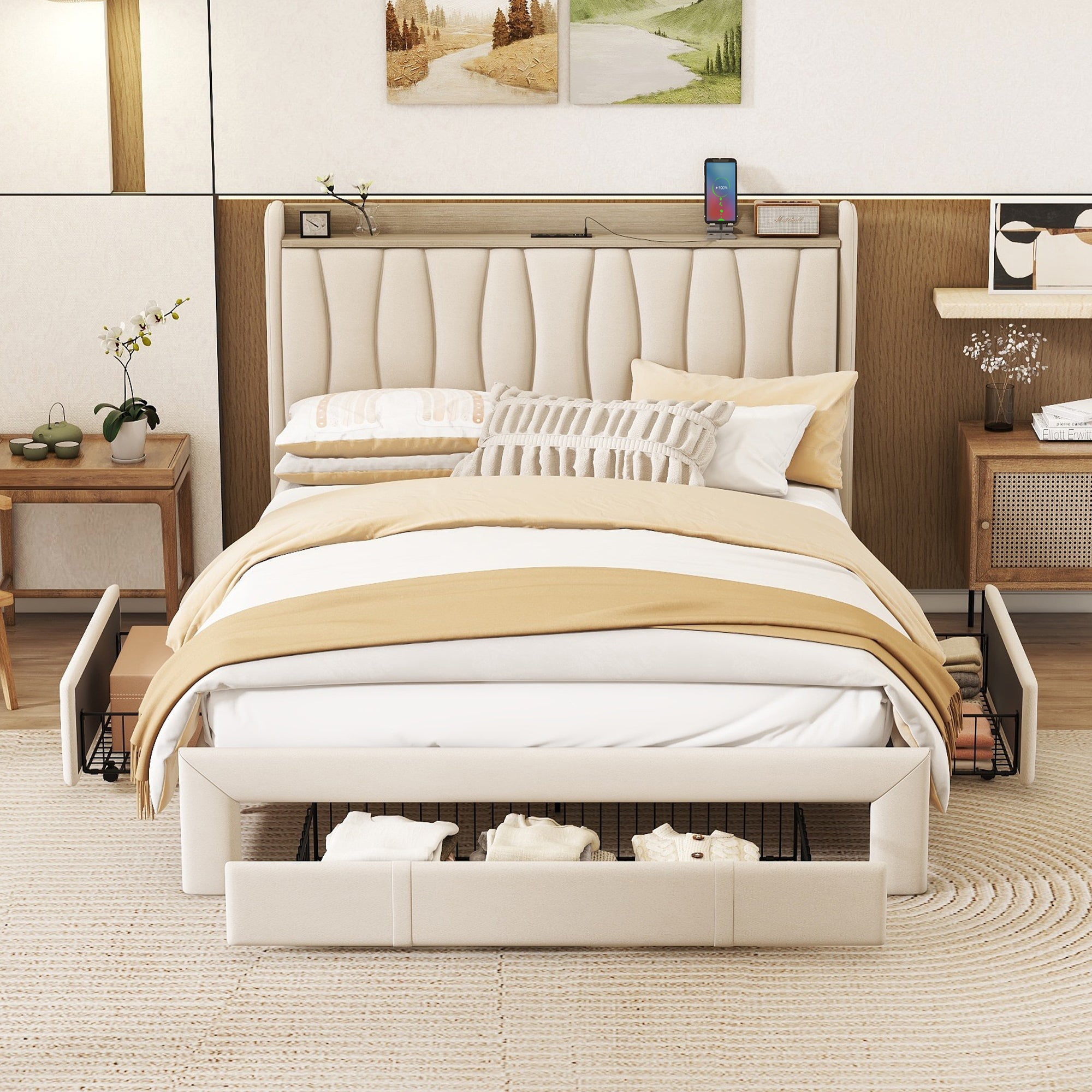 Bellemave Queen Size Upholstered Platform Bed with 3 Drawers,Storage Headboard and Charging Station
