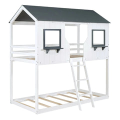 Bellemave® Twin Size House Bunk Bed with Roof and Window, Guardrail and Ladder