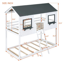 Bellemave® Twin Size House Bunk Bed with Roof and Window, Guardrail and Ladder