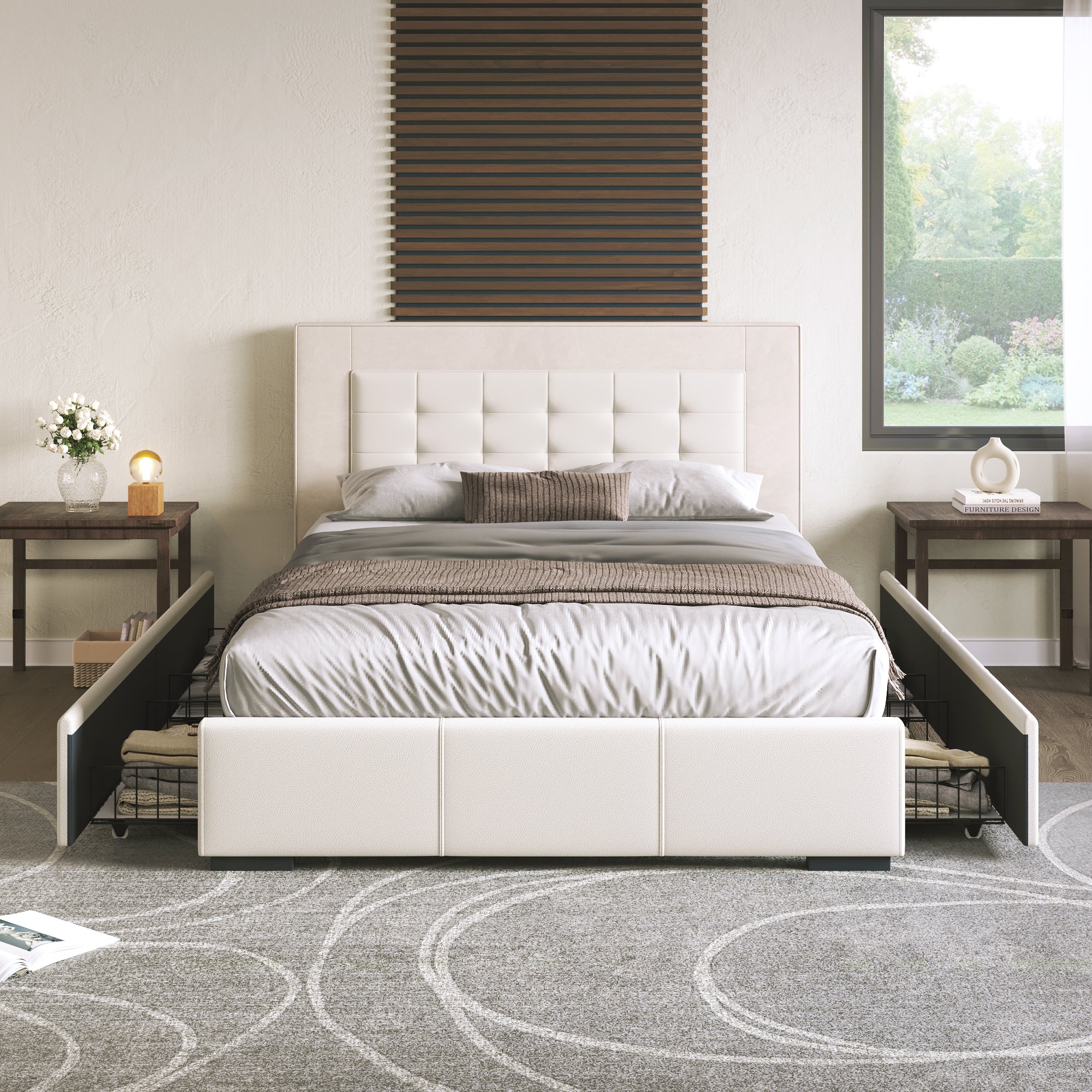 Bellemave Queen Size Modern Upholstered Platform Bed with 4 Drawers and Button Tufted Headboard,PU Leather and Velvet