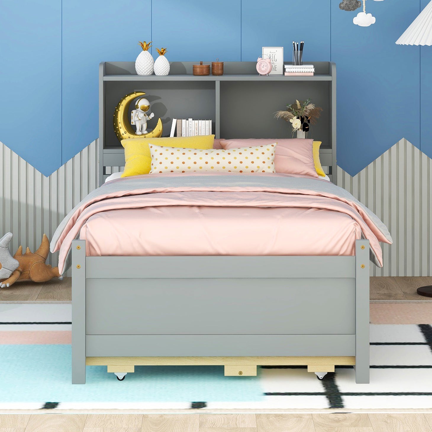 Bellemave Twin Size PlatformBed with Bookcase Headboard, Trundle and Storage Drawers