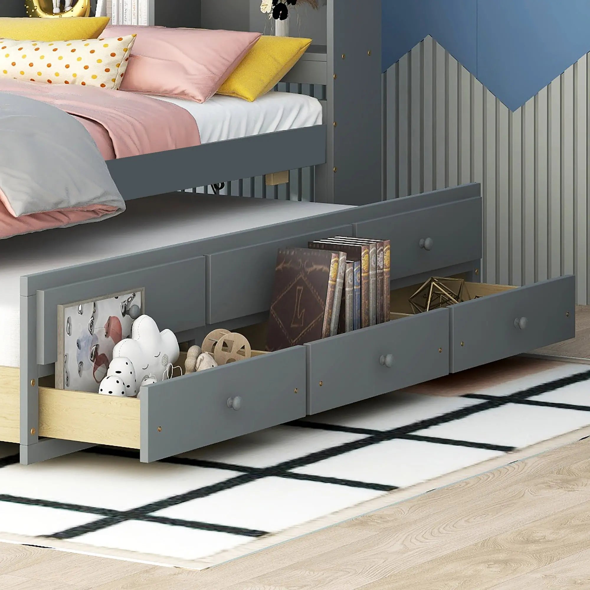 Bellemave Twin Size PlatformBed with Bookcase Headboard, Trundle and Storage Drawers Bellemave