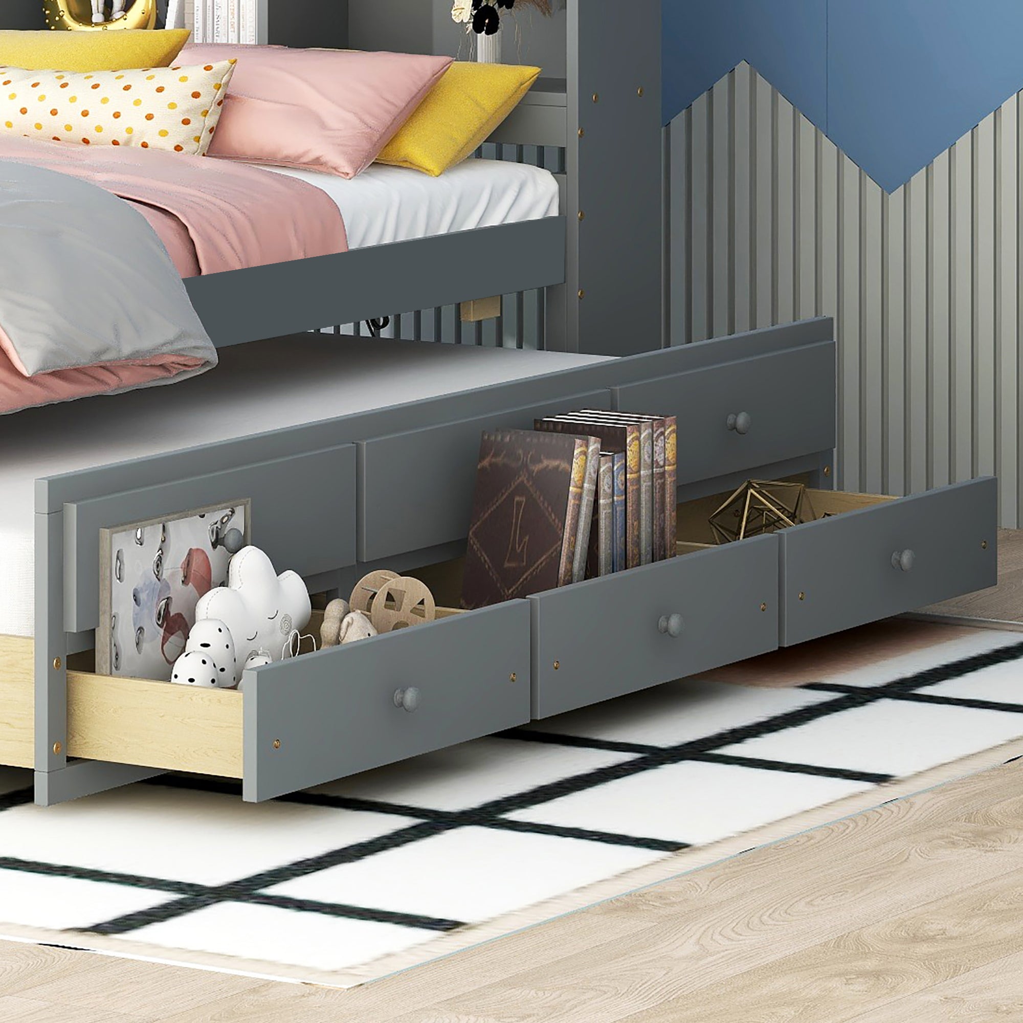 Bellemave Twin Size PlatformBed with Bookcase Headboard, Trundle and Storage Drawers