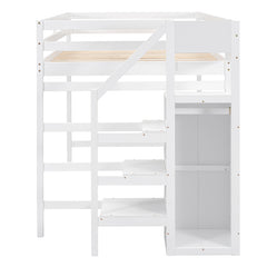 Bellemave® Full Size Loft Bed with Built-in Storage Wardrobe and Staircase