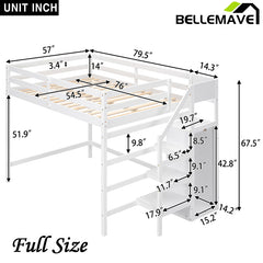 Bellemave® Full Size Loft Bed with Built-in Storage Wardrobe and Staircase