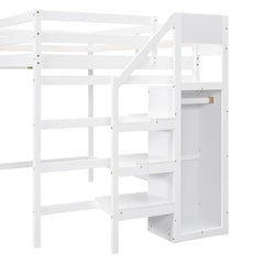 Bellemave® Full Size Loft Bed with Built-in Storage Wardrobe and Staircase