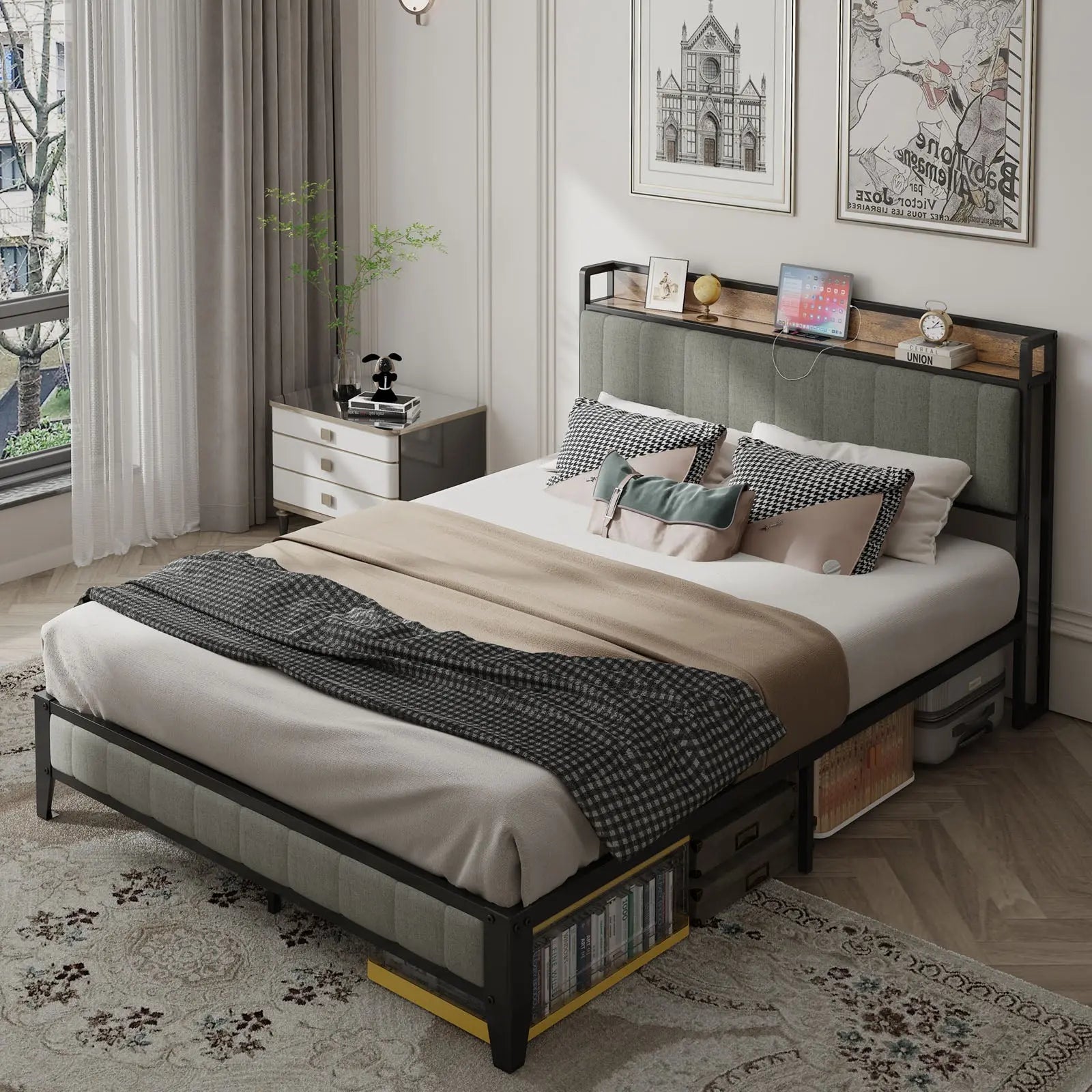 Bellemave® Metal Platform Bed with Charging Station and Upholstered Headboard Bellemave®