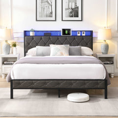 Bellemave Upholstered Platform Bed with Heavy Metal Slats with Storage Headboard, Charging Station and LED Lights