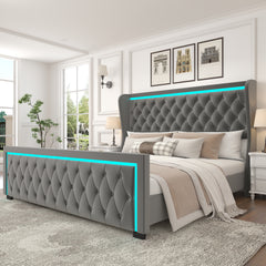 Bellemave® Velvet Upholstered Platform Bed with LED Light High Headboard, with Deep Tufted Buttons Bellemave®