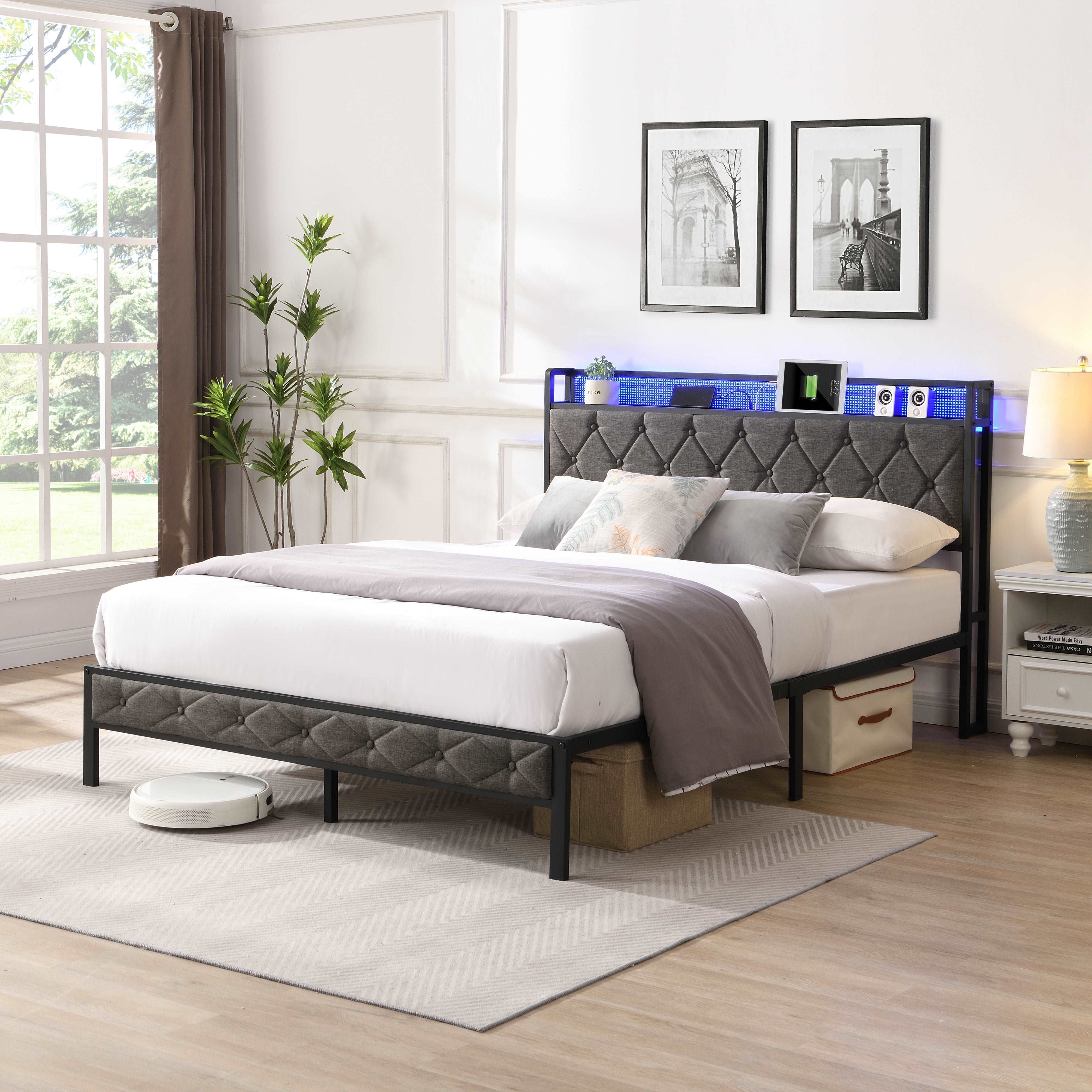 Bellemave Upholstered Platform Bed with Heavy Metal Slats with Storage Headboard, Charging Station and LED Lights