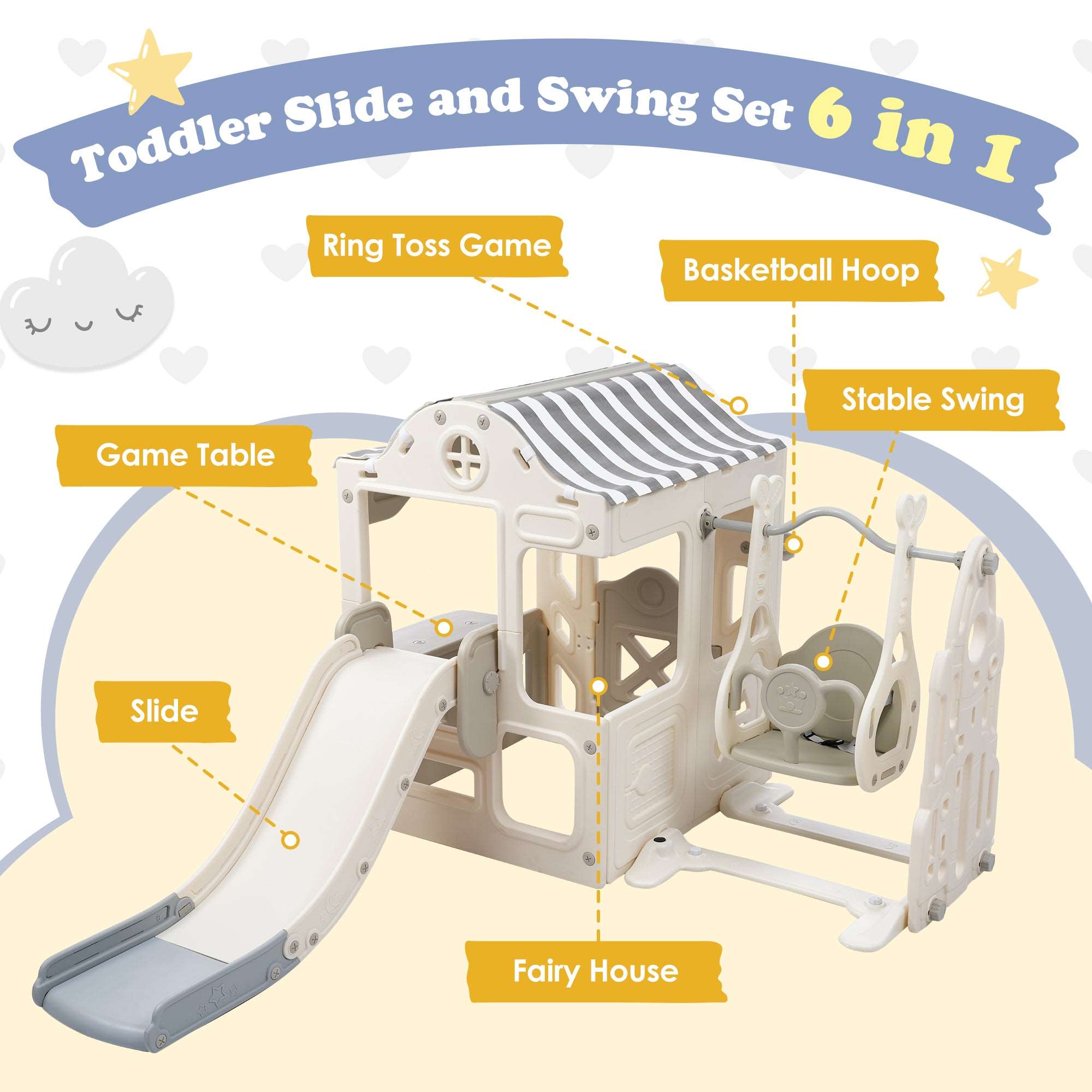 Bellemave 6 in 1 Toddler Slide and Swing Set, Kids Playground Climber Slide Playset with Fairy House, Freestanding Slide